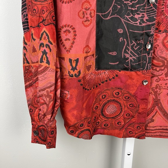 Vintage Chico's Shirt Top Blouse Size 2 Large/12 Red Black 100% Silk Embroidered - Picture 4 of 6